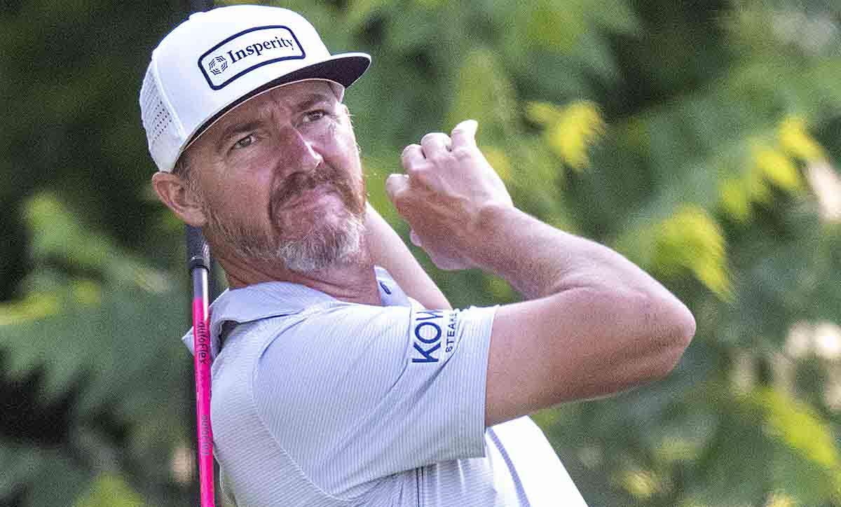 Jimmy Walker hits his tee shot on the second hole during the first round of the 2023 John Deere Classic.